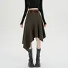 Foto real de una falda color café, estilo retro americano, dobladillo irregular, nueva falda de otoño para mujer de cintura alta en línea A, falda única de longitud media