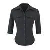 Ins atacado de roupas femininas estilo europeu e americano 2026 Outono Novo Menina Apimentada Gola Lapela Botão Manga Média Slim Fit Camisa