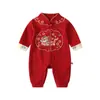 Macacão de Inverno Grosso para Bebê Vestido de Aniversário Vermelho com Forro de Fleece Macacão para Engatinhar para o 100º Aniversário do Bebê