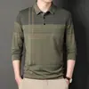 Camiseta de manga larga de primavera para hombre con cuello, ropa para hombres de mediana edad y mayores, top con bolsillo real, polo a rayas