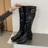 Botas largas para mujer 2026 otoño e invierno nuevo estilo vintage con hebilla de cinturón, tacón grueso, botas de caña alta con cremallera trasera, botas de montar ajustadas