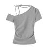 2469-25 Primavera Nova Estilo Europeu e Americano Ombro Oblíquo Franzido Slim Fit Sexy Ombro Manga Curta Senso de Design Camiseta Interna