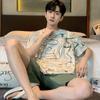 Novos Pijamas Masculinos de Verão Manga Curta com Shorts Conjunto Estilo Coreano Solto Tamanho Grande Desenho Animado Casual Roupa de Fora Roupas de Casa