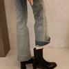 Botines Individuales Pequeños Primavera y Otoño Nuevo Estilo Francés Cierre Trasero Tacón Grueso Botines Ajustados Elásticos Punta Cuadrada 2025 Botines Cortos de Tacón Alto Botines de Tobillo para Mujer