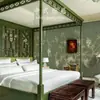 Papel Tapiz Beige Estilo Medieval Rama Papel Tapiz Verde Pared de Fondo para TV en Sala de Estar Cubierta de Pared para Cabecera de Dormitorio Casa de Huéspedes Hotel