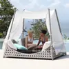 Sofá Cama ao Ar Livre para Jardim, Cama Rattan Artística Romântica Externa com Cortina de Gaze, Cadeira Cama Criativa para Varanda