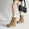 Botas de tornozelo estilo coreano preguiçoso de calçar 2026 fivela de couro superfície do sapato franzida combinação outono/inverno sola plana salto oculto plataforma de altura