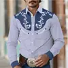 Camisa masculina floral retrô estilo western, casual de rua para uso diário ao ar livre, primavera/verão, colarinho de lapela, mangas compridas, tecido com elasticidade em quatro direções