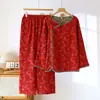 Pijama de Algodón Puro Jacquard de Doble Cara Teñido en Hilo, Ropa de Casa de Gasa de Doble Capa de Algodón Puro, Conjunto Festivo Rojo Estilo Chino para Mujer