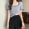 Verano Nuevo talla grande Gordita MM2025 Clavícula Ligeramente Gordita Cuello Cuadrado Manga Corta Camiseta Mujer Primavera y Otoño Interior Adelgazante Top