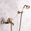 Traje de ducha retro simple estilo europeo de cobre antiguo, grifo de agua caliente y fría, boquilla de mano triple montada en la pared de la bañera