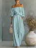 Conjunto Casual de Dos Piezas para Mujer de Moda Europea y Americana 2026, Hombros Descubiertos y Pantalones de Pierna Ancha para Sitios Independientes de Amazon