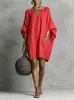 2026 Ropa Femenina Transfronteriza Amazon Europeo Americano Retro Color Sólido Temperamento Manga Larga Hombros Descubiertos Vestido Midi Casual Vestido de Algodón Lino