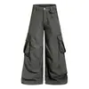 Pantalones de Trabajo Casuales de Pierna Ancha con Múltiples Bolsillos Lavables para Hombre Otoño Nuevo Estilo Americano Simple Moderno Sueltos Largos hasta el Suelo para Mujer