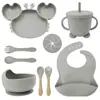 Juego de Alimentación para Bebé de Silicona de Grado Alimenticio de 9 Piezas, Plato con Ventosa de Cangrejo, Vaso Entrenador de Oso, Babero Impermeable, Kit Completo de Vajilla para Niños Pequeños Libre de BPA para Comer Solo