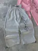 Calça Casual de Rua Americana com Design de Cintura Dupla, Estampa, Corte Solto, Perna Larga, Perna Reta, Abertura da Perna Ajustável, Novo Estilo 2026