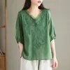 Camisa de manga media para mujer 2024 Verano fina cuello en V bordado pesado casual combinable algodón y lino fino de alta gama