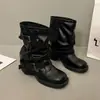 Calças Botas de Cavaleiro Femininas Salto Grosso Botas Western Botas de Nicho Bico Redondo Fivela Retro Botas Curtas Empilhadas Botas Jeans Plissadas