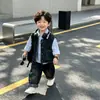 Conjunto de Tres Piezas de Mezclilla Versátil para Niños de Primavera y Otoño Chaleco de Mezclilla Retro Lavado de Cuello Redondo Conjunto de Estilo Coreano para Salidas Diarias