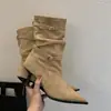 2026 Botines de Tobillo de Gamuza Estilo Coreano de Moda Temperamento Otoño/Invierno Nuevos Tacón Fino Punta Fina Fruncidos Botas de Vaquero Occidental Jinete