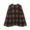 Exportación Transfronteriza Ropa de Mujer Otoño e Invierno 2025 Estilo Europeo y Americano Cuello Redondo Manga Larga Longitud Media Cuadros Chaqueta de Punto Alta Gama