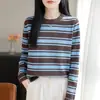 Suéter de Punto de Algodón Puro con Cuello Redondo, Manga Larga, Rayas de Bloques de Color, Suéter Holgado Básico, Top