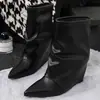 Botas altas apiladas Little Black Line plateadas sexys de tacón alto, elegantes botines de punta a media pantorrilla, botines cortos para mujeres petite, otoño