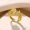 Anillo de Acero Titanio con Estrella de Mar y Caracola de Presión de Aceite para Mujer con Incrustaciones de Circonita Diseño a Juego Joyería de Playa de Verano Venta al por Mayor