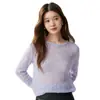Suéter de cachemira con cuello redondo, encaje de lentejuelas calado para mujer, suéter de punto de ganchillo holgado, capa base de estilo suave