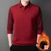 Ropa Cálida de Otoño e Invierno con Forro Polar para Hombre, Falsa Camiseta de Dos Piezas, Camiseta de Rayas Gruesas con Cuello de Solapa, Informal para Hombres de Mediana Edad y Mayores