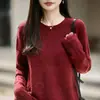 Elegante y casual, suéter de punto 100% lana con cuello redondo y tejido de ganchillo fino para mujer, adelgazante y cálido, suéter de capa base de corte holgado