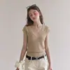 Conjunto casual estilo coreano: Top de malla de punto de seda helada hueco de manga corta de verano, falso de dos piezas, cuello en V para mujer