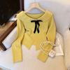 Chanel Style Babados Laço Malhas Feminino Outono e Inverno Novo Pure V-neck Top Base Camisa Suéter Interno