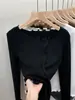 Más de 200,000 Piezas Vendidas. Suéter con Diseño Elegante de Borde Fruncido, Camisa Base de Punto para Mujer, Negro, Talla Única