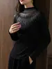 Meia gola alta Outono e Inverno Nova Lã Malha Base Camisa Brilhante Seda Oca Diamante All-match Moda Suéter de Manga Comprida Slim-fit Feminino