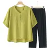 Conjunto de Camiseta Bordada de Manga Corta para Mujer Tallas Grandes 2025 Verano Nuevo Estilo Conjunto de Dos Piezas de Pantalón y Top para Mamá de Mediana Edad
