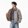 Chaqueta de Algodón con Solapa de Lana de Cordero Estilo Americano para Hombre, Marca de Invierno de Moda, Abrigo de Algodón Engrosado Integrado de Cuero Pu y Piel Tie-Dye Holgado