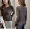 Tencel Lyocell Outono e Inverno Gola Redonda Pequena Super Macia Veludo Camiseta de Manga Comprida Feminina Interna Escovada Camiseta Básica Slim
