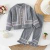 Conjunto de Suéter Infantil Outono e Inverno Novo Estilo Menina Bebê Cardigã Tricotado Jacquard Retrô Calça Longa Tricotada Estilo Coreano