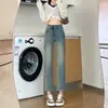 Calça Jeans Bordada Azul Claro para Mulheres, Primavera e Outono, Cintura Alta, Versão Estreita, Perna Reta, Padrão de Cor Contrastante
