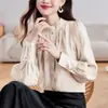 Camisa de Manga Longa com Design Estilo Francês para Mulheres 2025 Outono e Inverno Novo Estilo Gola Alta Estilo Oeste Único Camisa Slim