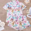 Conjunto de Pijama Pod Transfronterizo Cuatro Estaciones Estampado de Botas de Mezclilla Solapa Manga Corta Pantalones Cortos Ropa de Casa para Mujer Verde Esmeralda