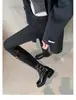 Versión de Piel de Oveja ~ Botas Largas con Pliegues Anchos y Hebilla Pequeña Dorada de Suela Gruesa para Mujer, Botas Largas de Tacón Grueso, Botas Altas, Botas de Montar de Tacón de Aguja