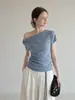 Camiseta azul de lunares sin hombros de manga corta LiLvi para mujer, verano 2026, corte ajustado, top favorecedor y versátil
