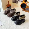 Botas negras de cuero forradas de felpa para niñas, botines de invierno para niños, botas de princesa con lazo para bebé niña