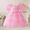 Vestido de meninas novo transfronteiriço estampado com manga bufante vestido de princesa vestido fofo feminino vestido de apresentação de piano