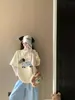 Camiseta de manga corta de algodón grueso para mujer, estilo americano, holgado, de verano, con diseño retro, estilo nicho, de media manga, moderna.
