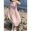 Vestido de verano para mujer, estilo coreano, estilo pequeño, estilo festivo, sin mangas, cuello colgante, falda grande plisada suelta, falda de longitud media