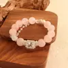 Pulsera de Doble Combinación de Cristal Azul Natural y Cristal Rosa, Pulsera de Oso y Rosa, Lujo Ligero, Estilo Fresco y Vintage, Pulsera de Perlas Blancas