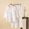 Novo Conjunto de Pijama Feminino de Algodão com Bambu Estilo Chinês, Conjunto Fino de Manga Nove Quartos para Primavera e Verão, Roupa de Casa Pulôver Que Pode Ser Usada Fora